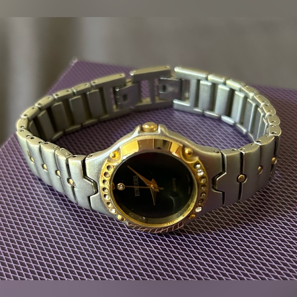Gold/Silver watch with black face; just needs battery